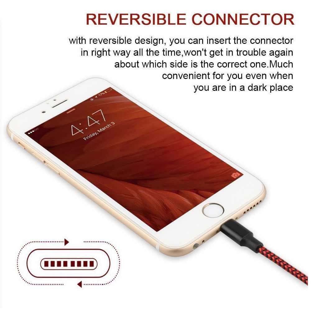 3M Braided Lightning 8 Pin Charge Cable Portable Data Sync Charging Cord Line For Iphone- Red+Black