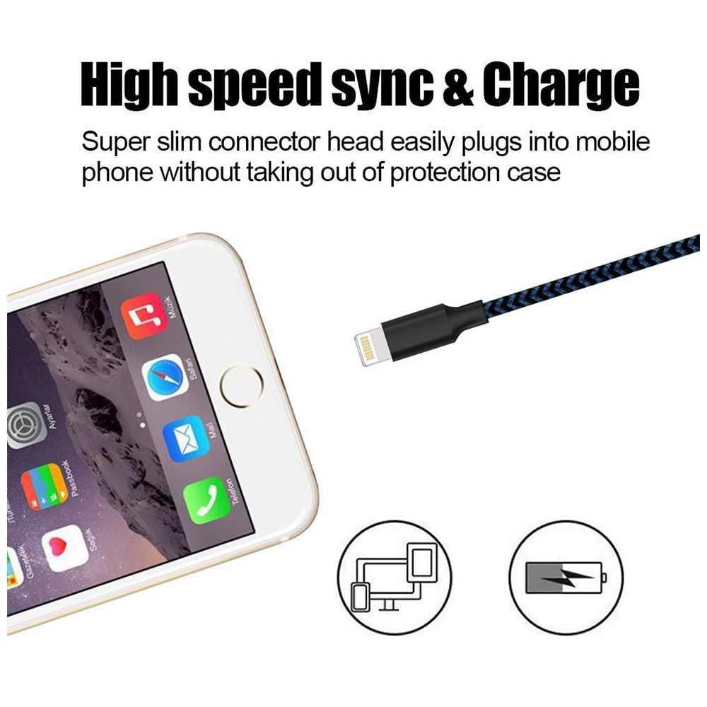 3M Braided Lightning 8 Pin Charge Cable Portable Data Sync Charging Cord Line For Iphone- Blue+Black