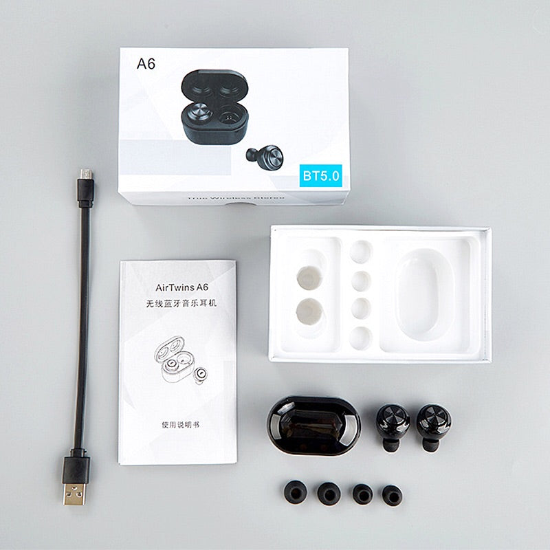 A6 TWS 5.0 Mini Wireless Earbuds Bluetooth Earphone for Android & Iphone -Black