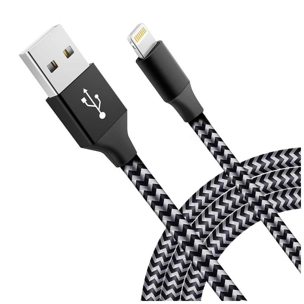 3M Braided Lightning 8 Pin Charge Cable Portable Data Sync Charging Cord Line For Iphone- Black+Grey