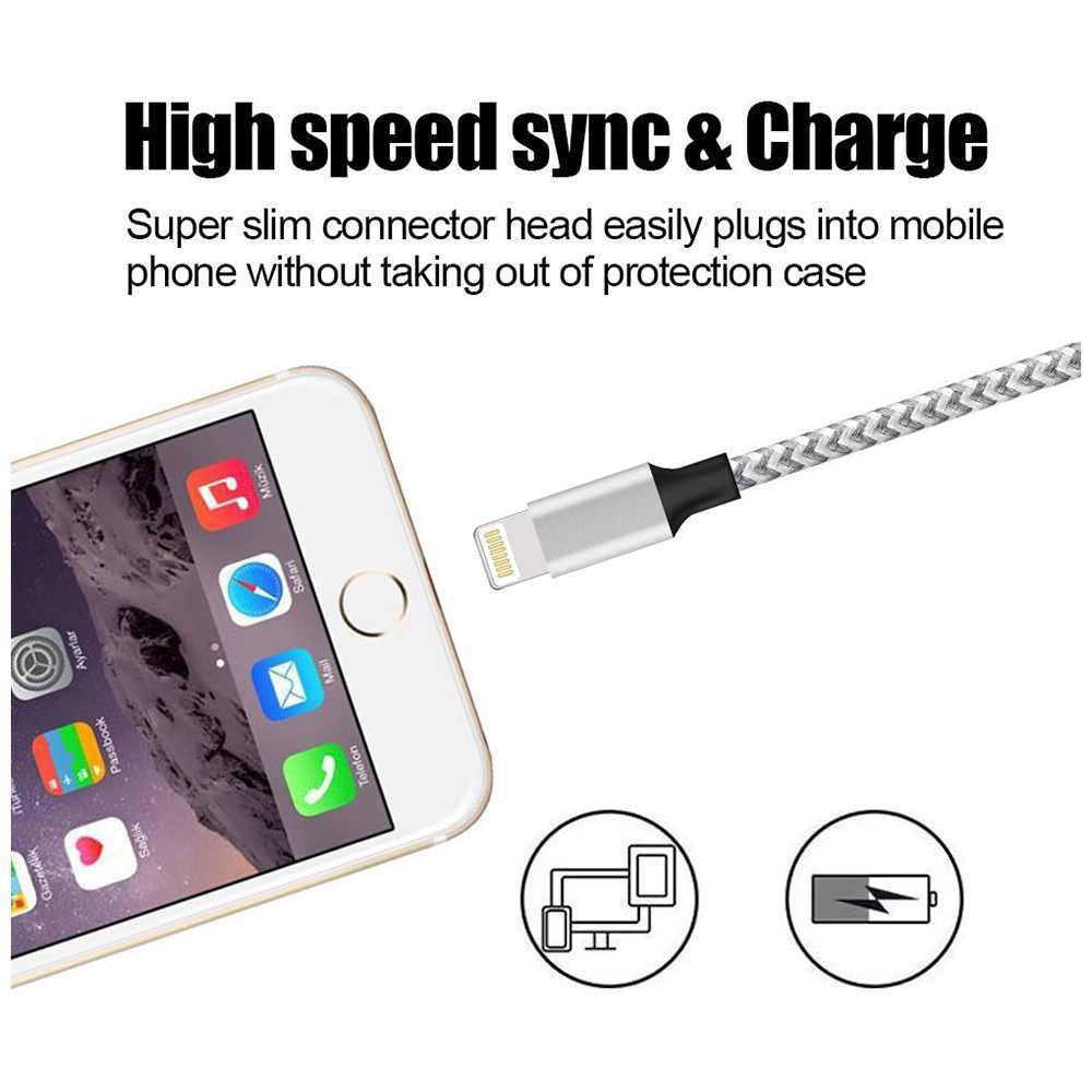 3M Braided Lightning 8 Pin Charge Cable Portable Data Sync Charging Cord Line For Iphone- White+Grey