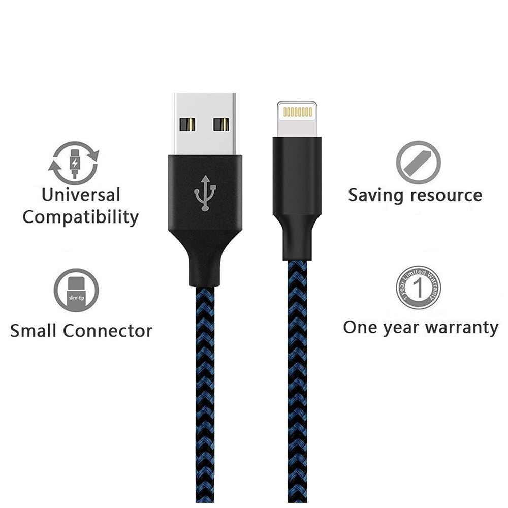 3M Braided Lightning 8 Pin Charge Cable Portable Data Sync Charging Cord Line For Iphone- Blue+Black