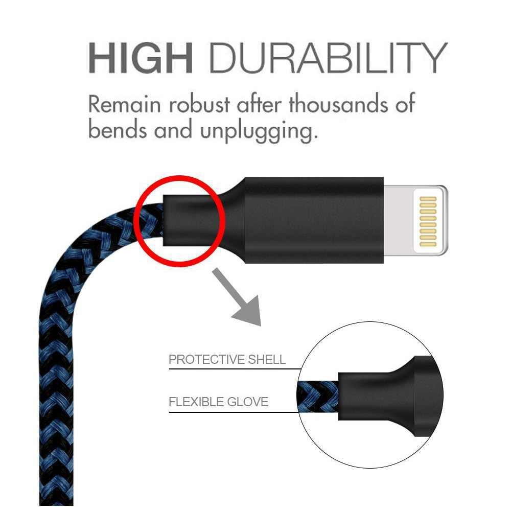 3M Braided Lightning 8 Pin Charge Cable Portable Data Sync Charging Cord Line For Iphone- Blue+Black