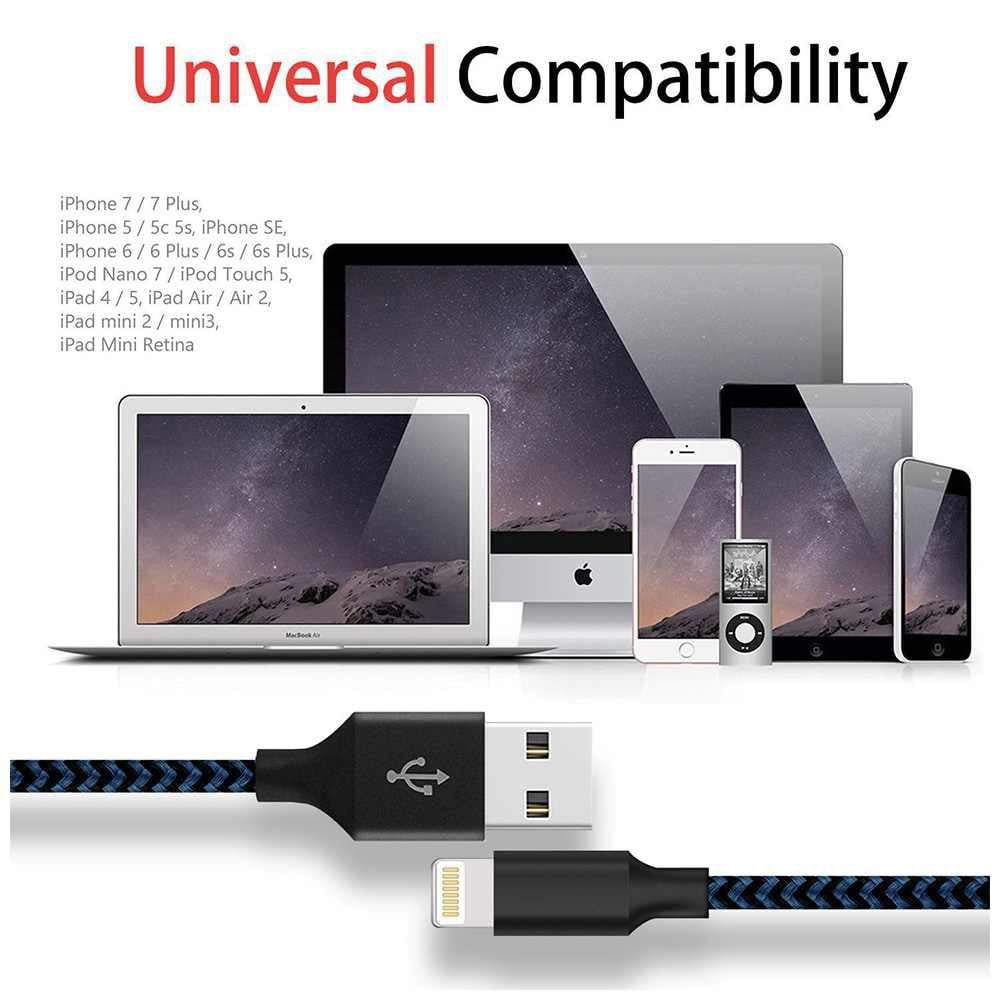 3M Braided Lightning 8 Pin Charge Cable Portable Data Sync Charging Cord Line For Iphone- Blue+Black