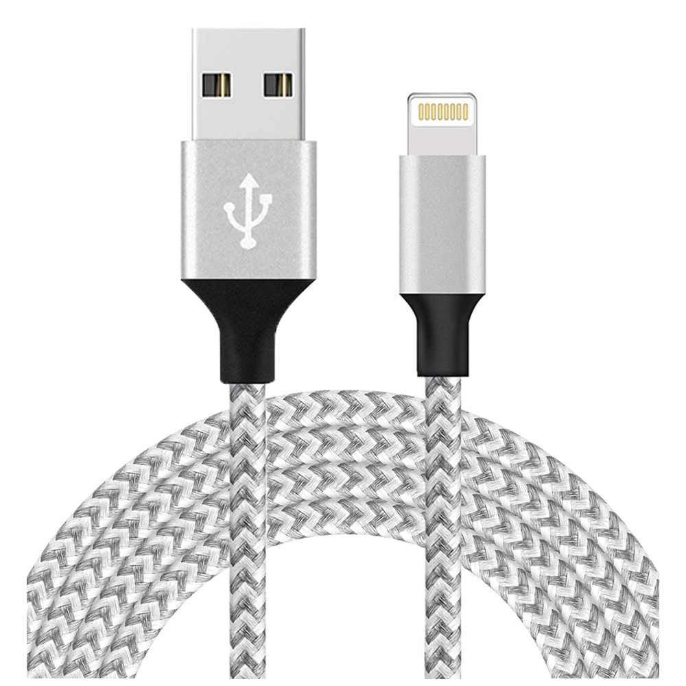 3M Braided Lightning 8 Pin Charge Cable Portable Data Sync Charging Cord Line For Iphone- White+Grey