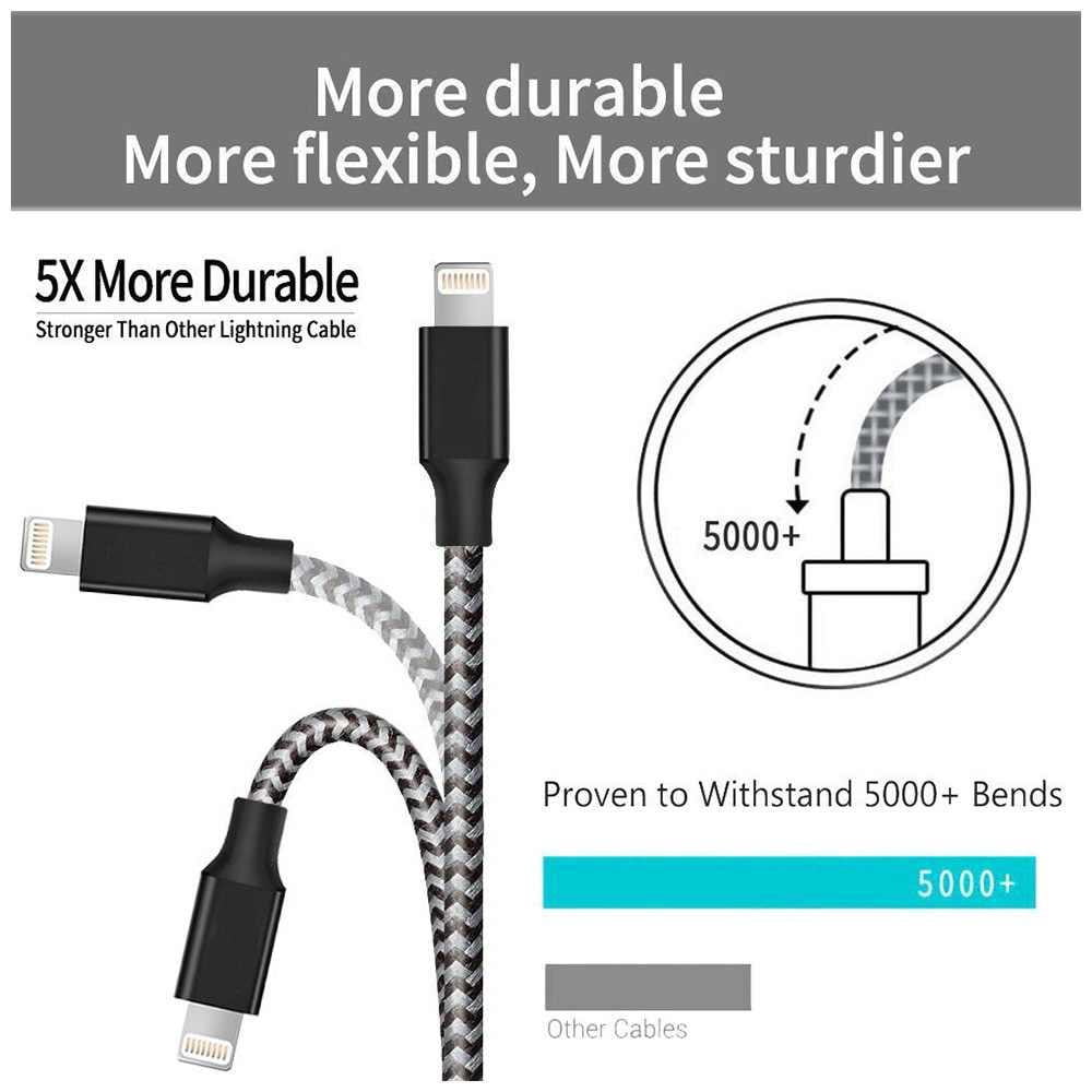 3M Braided Lightning 8 Pin Charge Cable Portable Data Sync Charging Cord Line For Iphone- Black+Grey