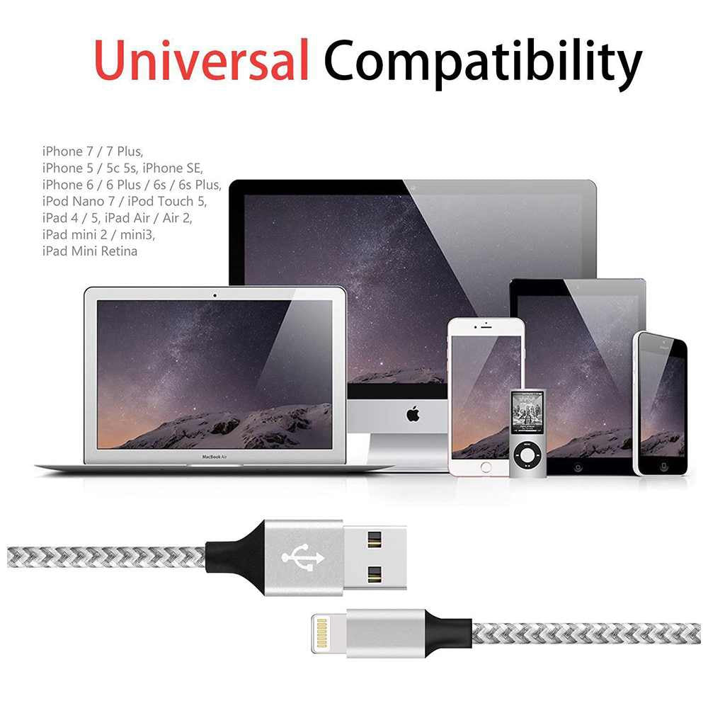 3M Braided Lightning 8 Pin Charge Cable Portable Data Sync Charging Cord Line For Iphone- White+Grey