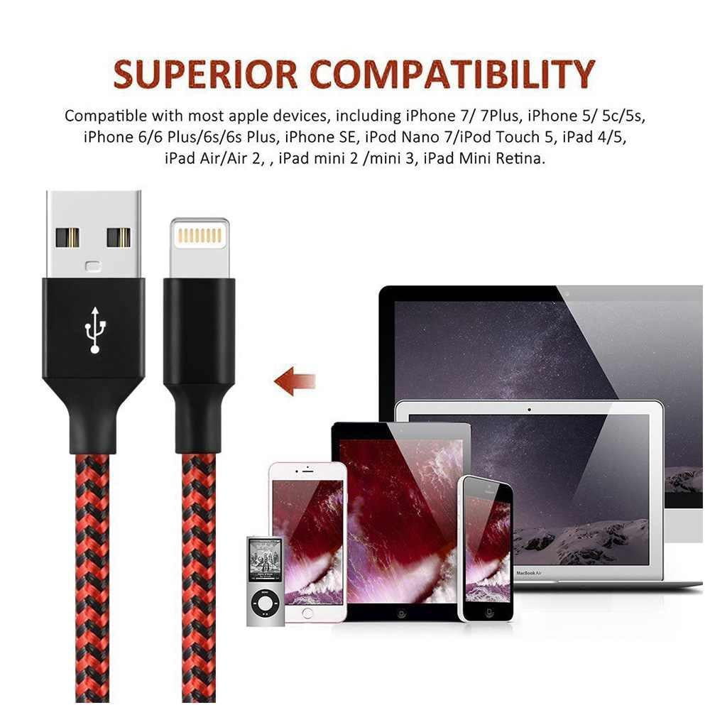 3M Braided Lightning 8 Pin Charge Cable Portable Data Sync Charging Cord Line For Iphone- Red+Black