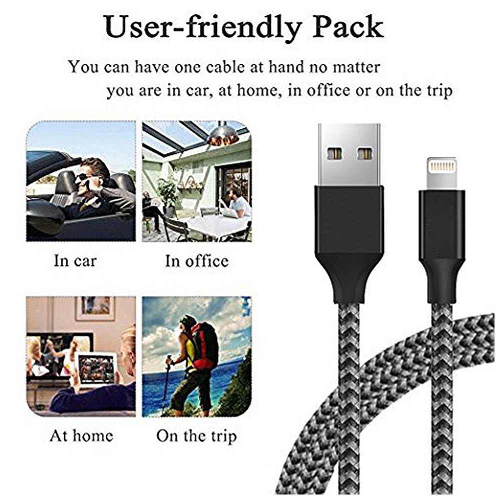 3M Braided Lightning 8 Pin Charge Cable Portable Data Sync Charging Cord Line For Iphone- Black+Grey