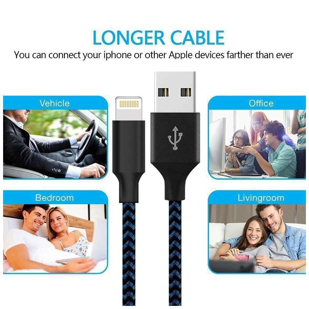 3M Braided Lightning 8 Pin Charge Cable Portable Data Sync Charging Cord Line For Iphone- Blue+Black