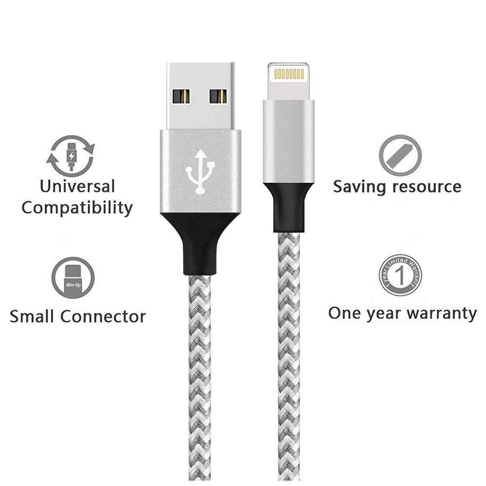 3M Braided Lightning 8 Pin Charge Cable Portable Data Sync Charging Cord Line For Iphone- White+Grey