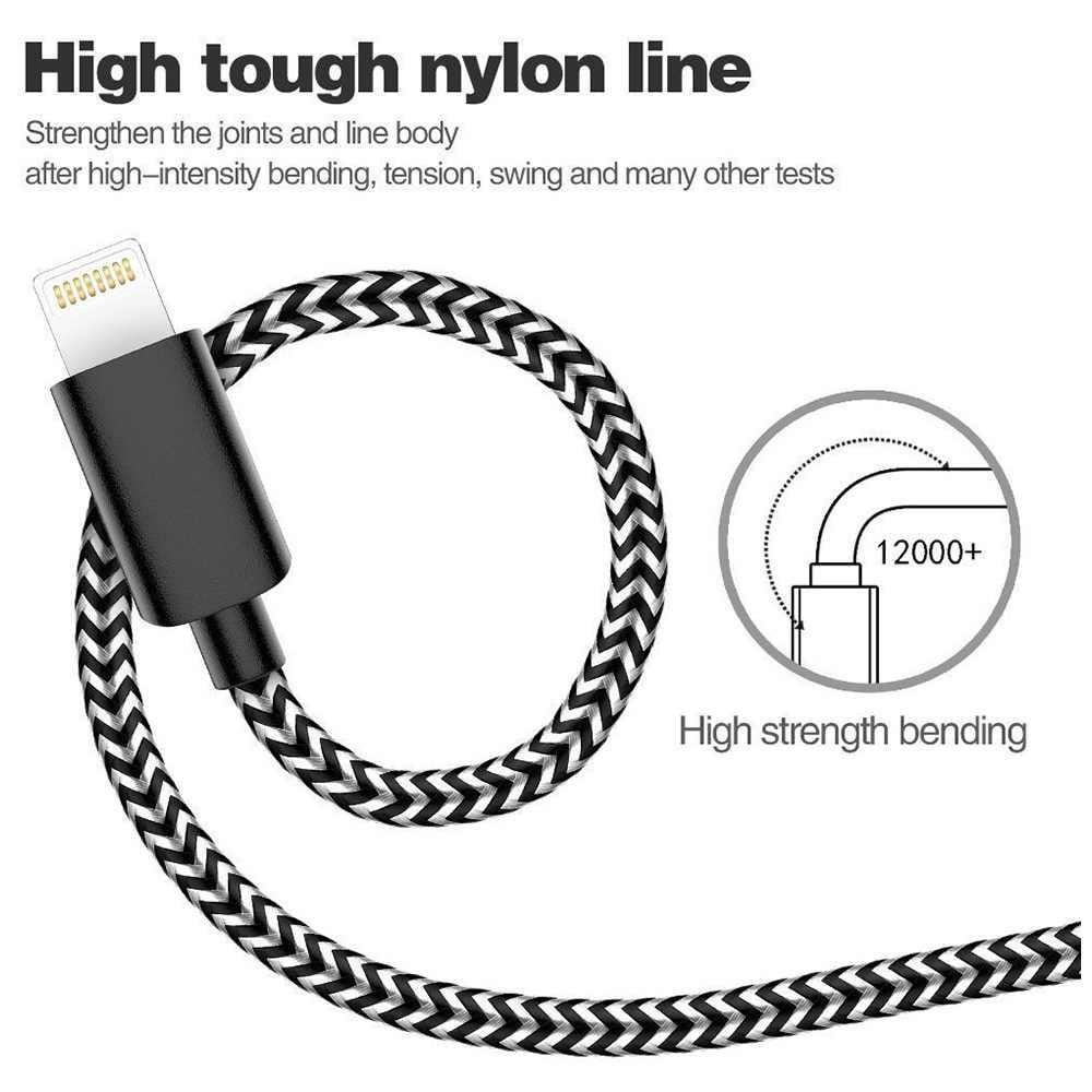 3M Braided Lightning 8 Pin Charge Cable Portable Data Sync Charging Cord Line For Iphone- Black+Grey