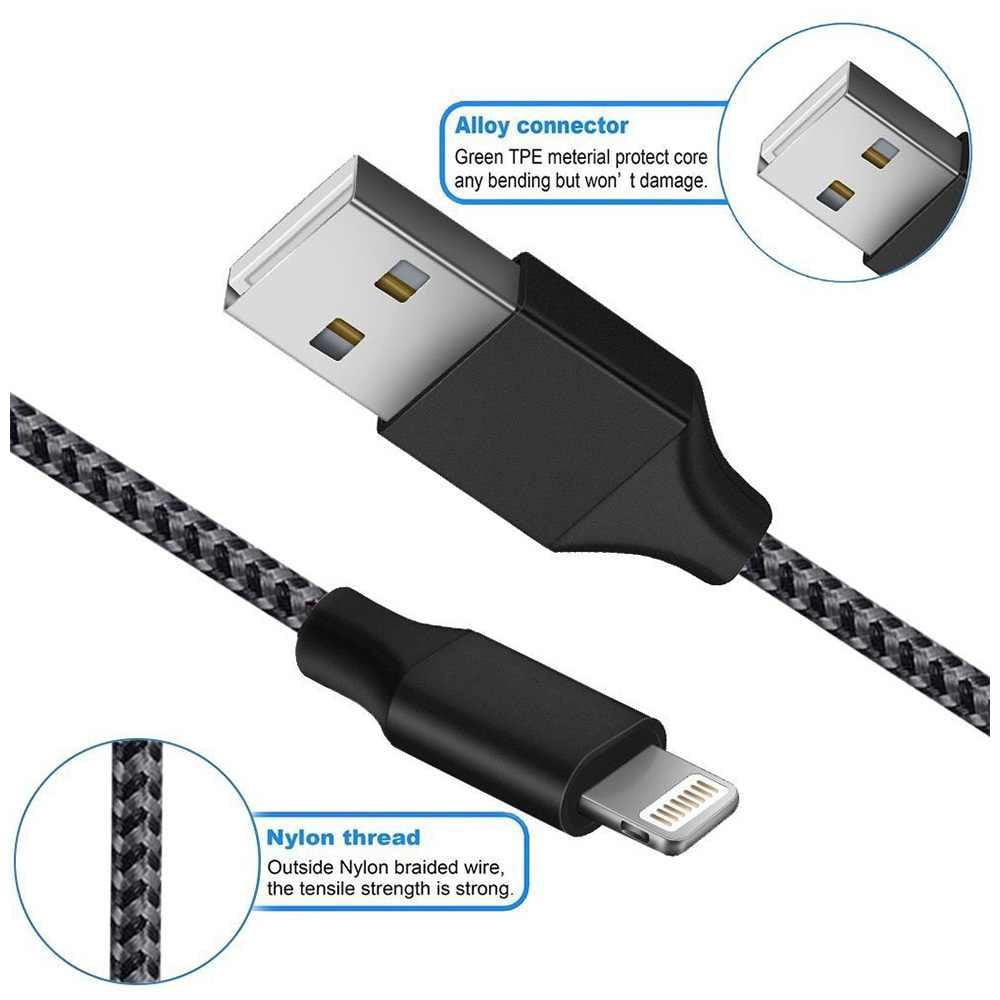 3M Braided Lightning 8 Pin Charge Cable Portable Data Sync Charging Cord Line For Iphone- Black+Grey