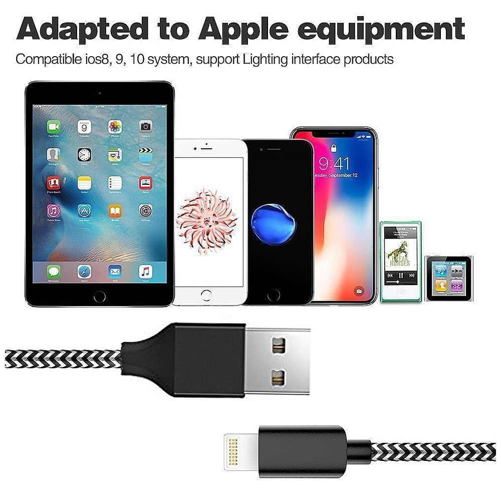 3M Braided Lightning 8 Pin Charge Cable Portable Data Sync Charging Cord Line For Iphone- Black+Grey